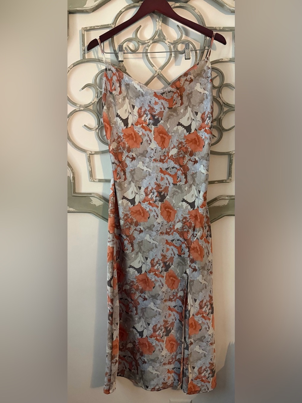 Autumn Floral Satin Cowl Neck Slip Dress Size Large